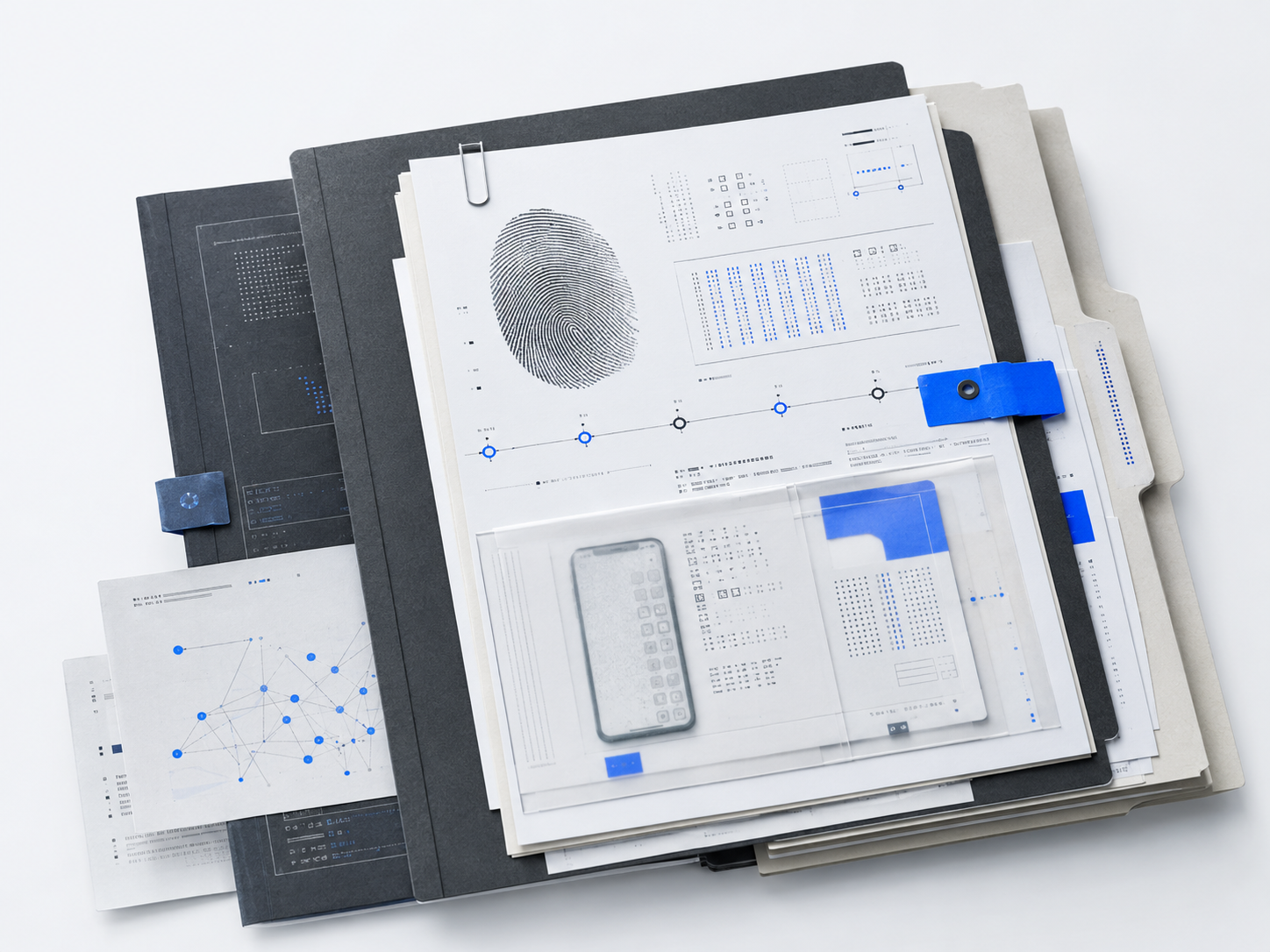 Expediente forense con huella, dispositivo, cronología y registros de evidencia